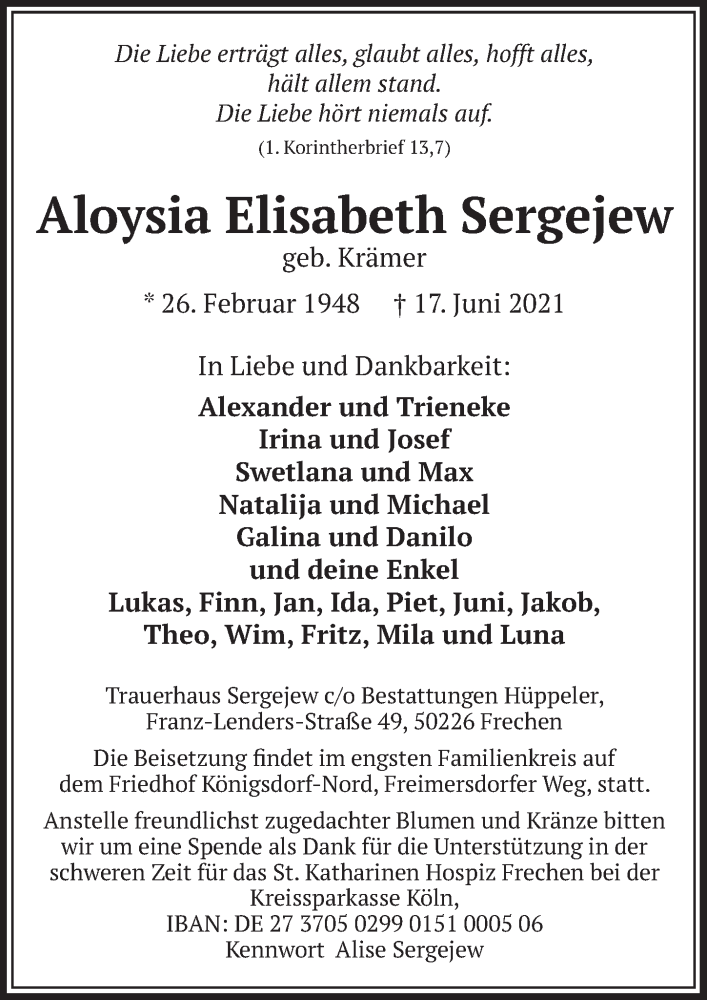  Traueranzeige für Aloysia Elisabeth Sergejew vom 25.06.2021 aus  Wochenende 