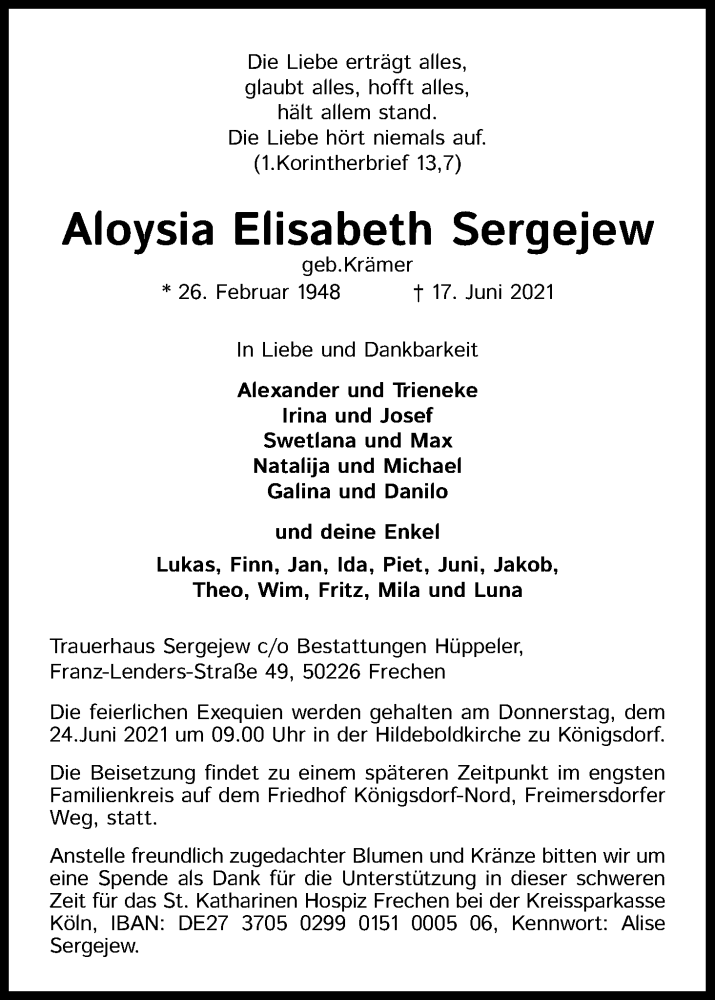  Traueranzeige für Aloysia Elisabeth Sergejew vom 22.06.2021 aus Kölner Stadt-Anzeiger / Kölnische Rundschau / Express