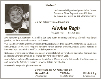 Anzeige von Alwine Regh von  Blickpunkt Euskirchen 