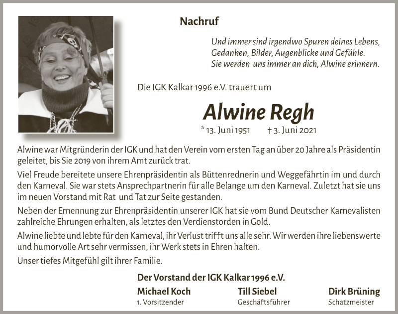  Traueranzeige für Alwine Regh vom 12.06.2021 aus  Blickpunkt Euskirchen 