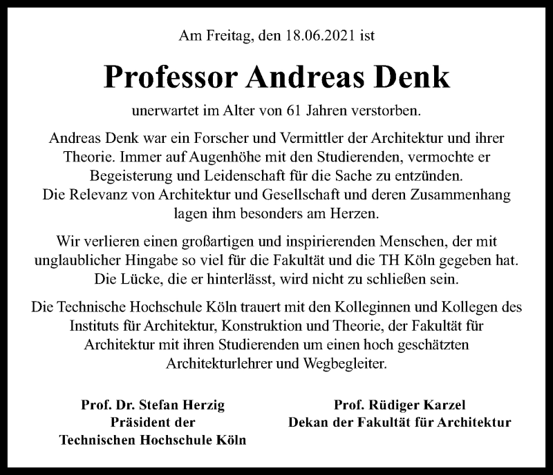 Traueranzeige für Andreas Denk vom 26.06.2021 aus Kölner Stadt-Anzeiger / Kölnische Rundschau / Express