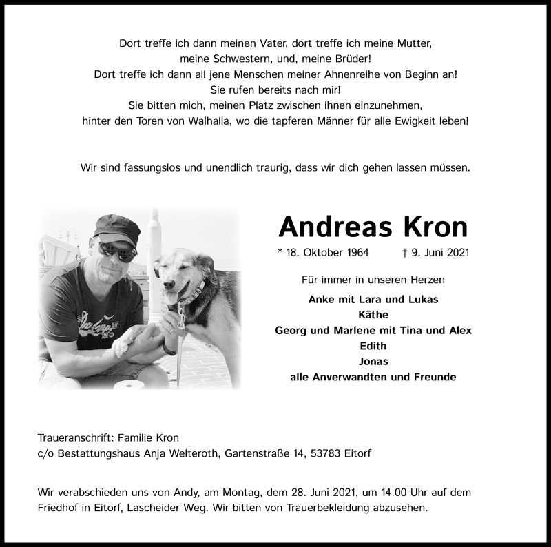  Traueranzeige für Andreas Kron vom 19.06.2021 aus Kölner Stadt-Anzeiger / Kölnische Rundschau / Express