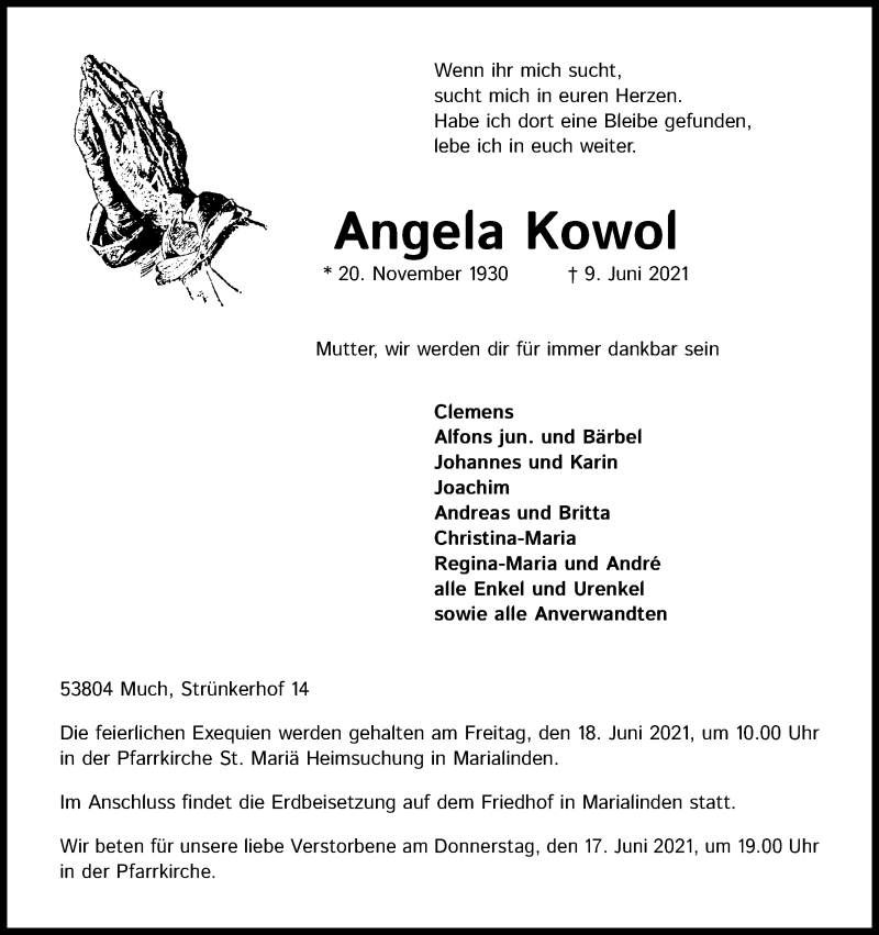  Traueranzeige für Angela Kowol vom 16.06.2021 aus Kölner Stadt-Anzeiger / Kölnische Rundschau / Express