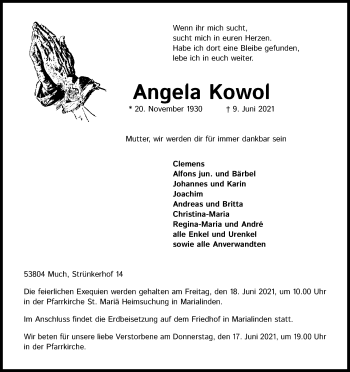 Anzeige von Angela Kowol von Kölner Stadt-Anzeiger / Kölnische Rundschau / Express