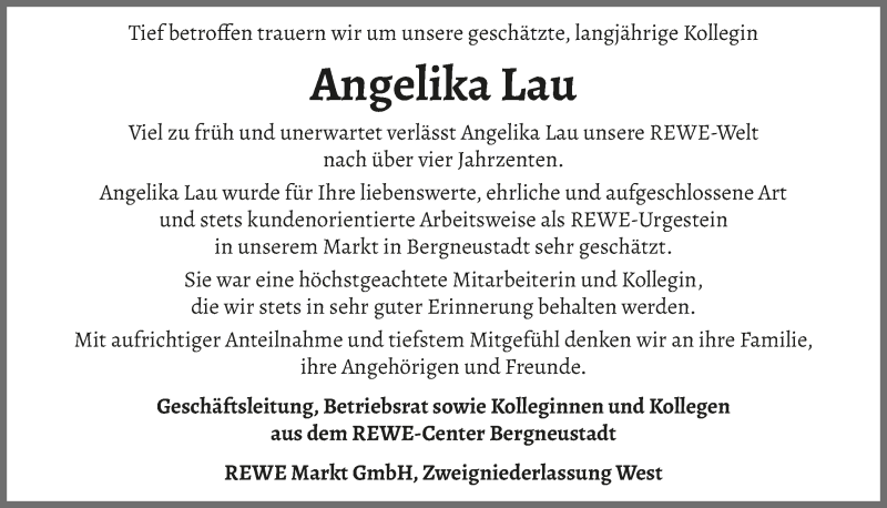  Traueranzeige für Angelika Lau vom 11.06.2021 aus  Anzeigen Echo 