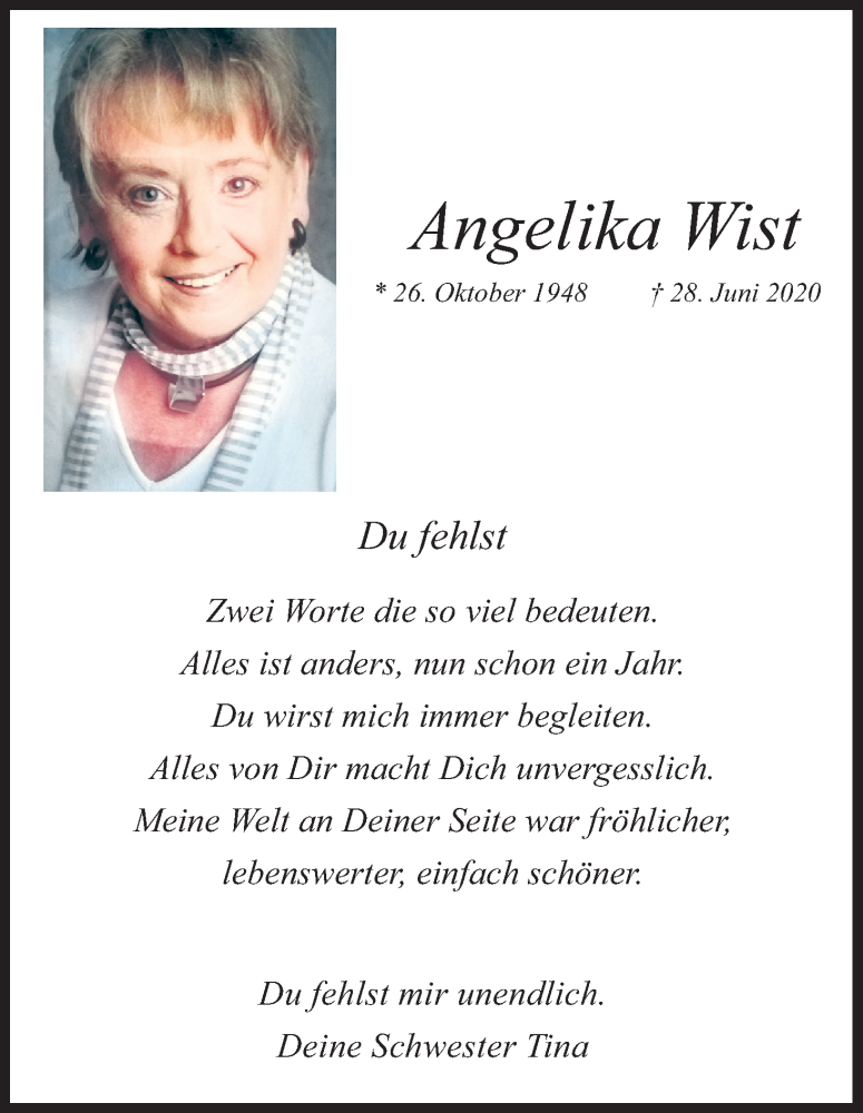  Traueranzeige für Angelika Wist vom 28.06.2021 aus Kölner Stadt-Anzeiger / Kölnische Rundschau / Express