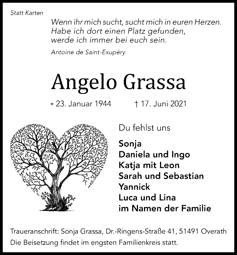  Traueranzeige für Angelo Grassa vom 26.06.2021 aus Kölner Stadt-Anzeiger / Kölnische Rundschau / Express