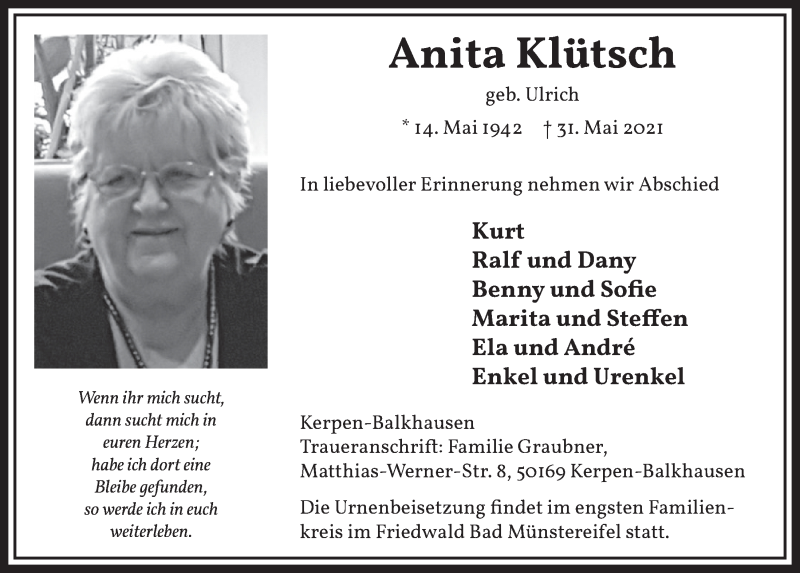  Traueranzeige für Anita Klütsch vom 11.06.2021 aus  Werbepost 