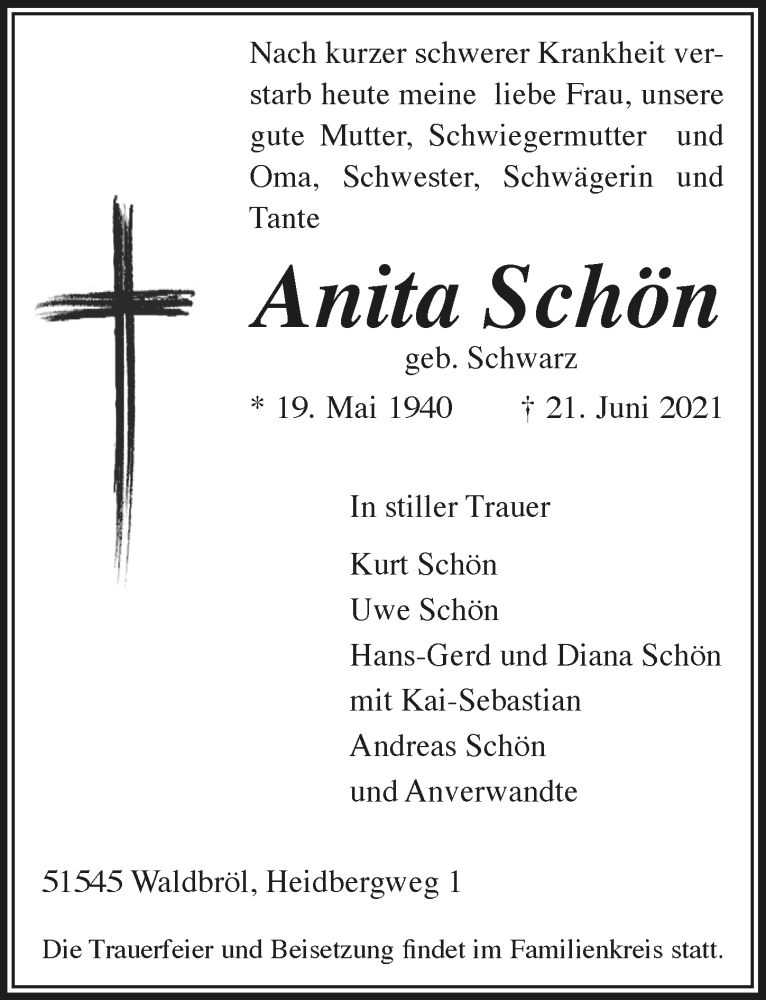  Traueranzeige für Anita Schön vom 25.06.2021 aus  Lokalanzeiger 