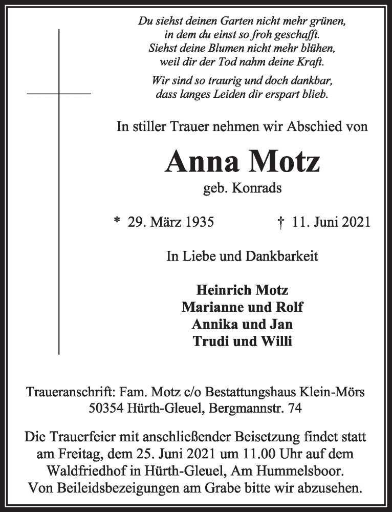  Traueranzeige für Anna Motz vom 18.06.2021 aus  Wochenende 