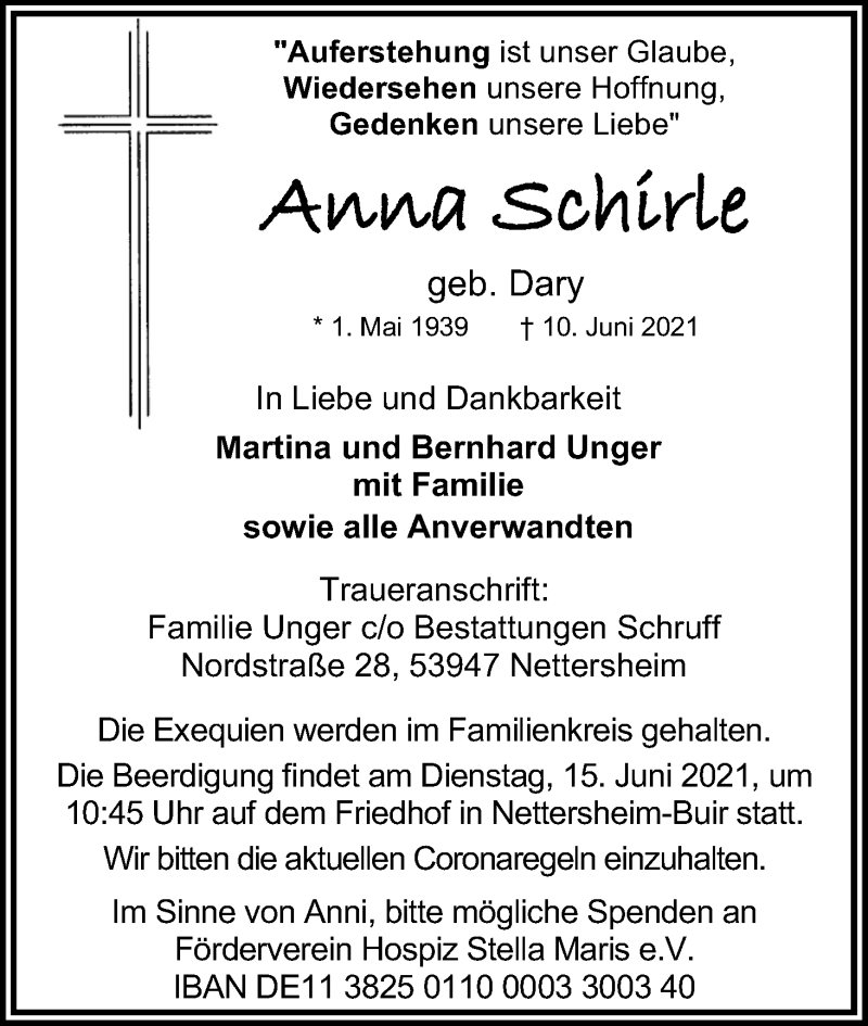  Traueranzeige für Anna Schirle vom 12.06.2021 aus Kölner Stadt-Anzeiger / Kölnische Rundschau / Express
