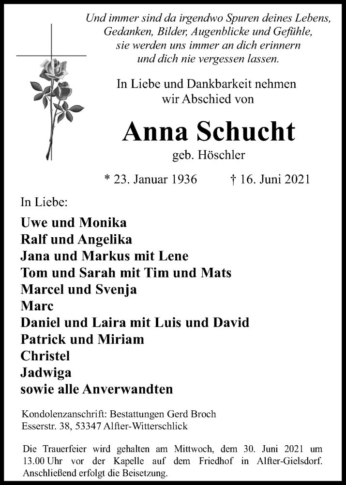  Traueranzeige für Anna Schucht vom 19.06.2021 aus Kölner Stadt-Anzeiger / Kölnische Rundschau / Express