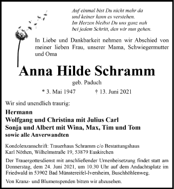 Anzeige von Anna Hilde Schramm von  Schlossbote/Werbekurier 