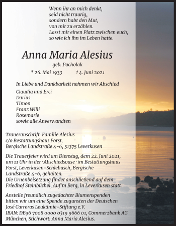 Anzeige von Anna Maria Alesius von Kölner Stadt-Anzeiger / Kölnische Rundschau / Express