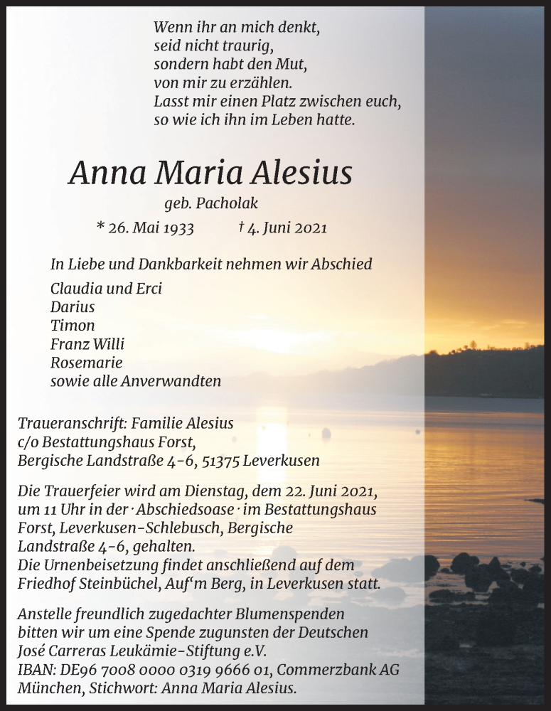  Traueranzeige für Anna Maria Alesius vom 19.06.2021 aus Kölner Stadt-Anzeiger / Kölnische Rundschau / Express
