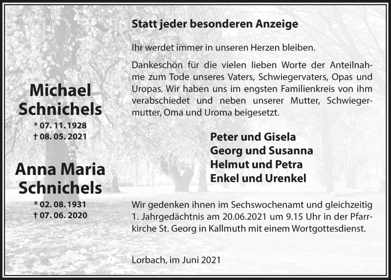  Traueranzeige für Anna Maria Schnichels vom 12.06.2021 aus  Blickpunkt Euskirchen 