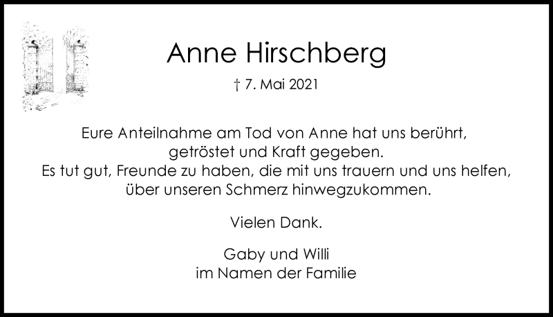  Traueranzeige für Anne Hirschberg vom 25.06.2021 aus  Kölner Wochenspiegel 
