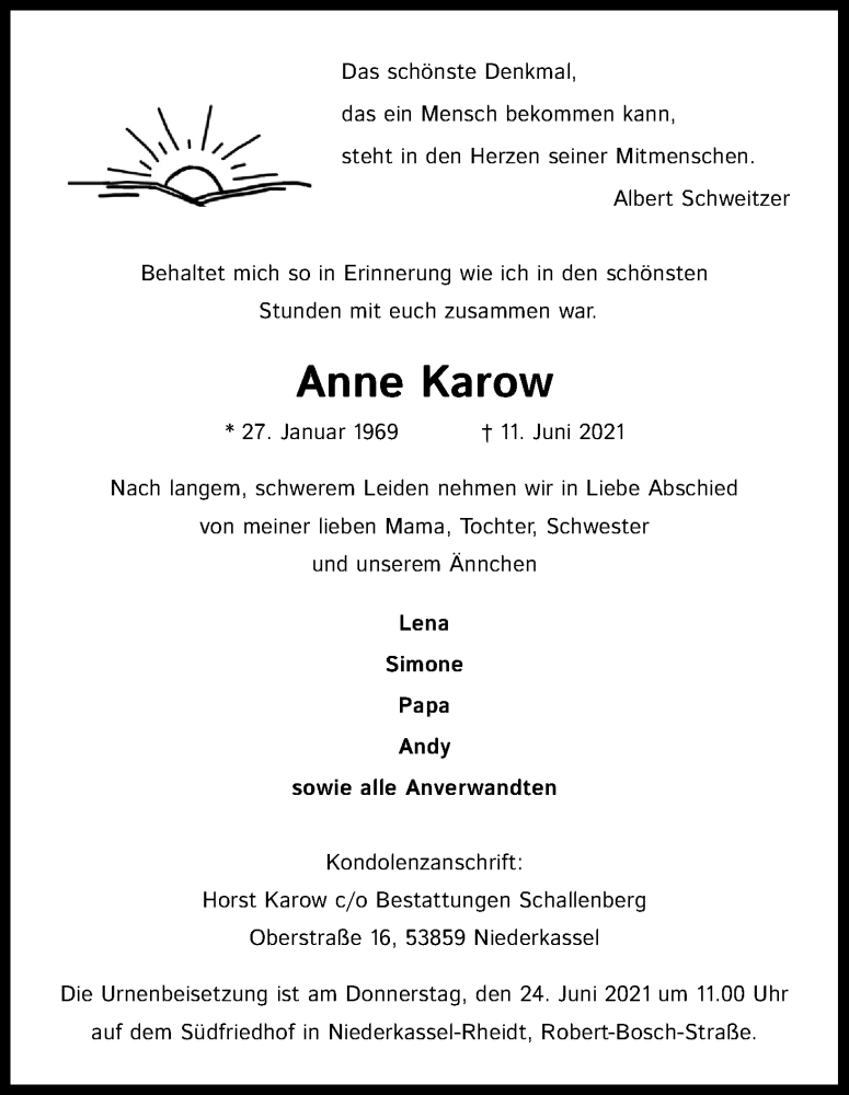  Traueranzeige für Anne Karow vom 19.06.2021 aus Kölner Stadt-Anzeiger / Kölnische Rundschau / Express