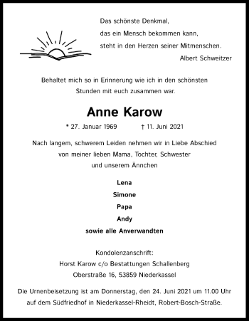 Anzeige von Anne Karow von Kölner Stadt-Anzeiger / Kölnische Rundschau / Express