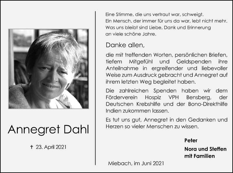  Traueranzeige für Annegret Dahl vom 12.06.2021 aus Kölner Stadt-Anzeiger / Kölnische Rundschau / Express
