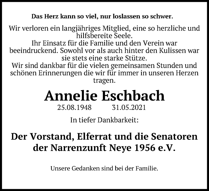  Traueranzeige für Annelie Eschbach vom 12.06.2021 aus Kölner Stadt-Anzeiger / Kölnische Rundschau / Express
