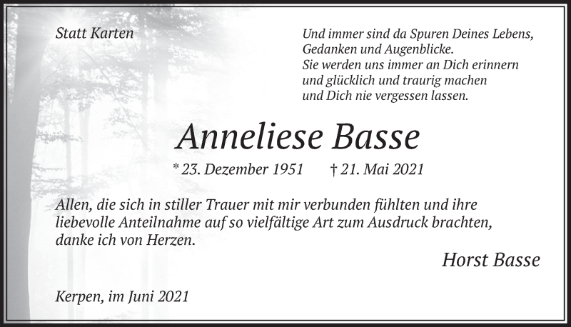  Traueranzeige für Anneliese Basse vom 11.06.2021 aus  Werbepost 