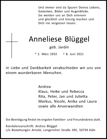 Anzeige von Anneliese Blüggel von Kölner Stadt-Anzeiger / Kölnische Rundschau / Express