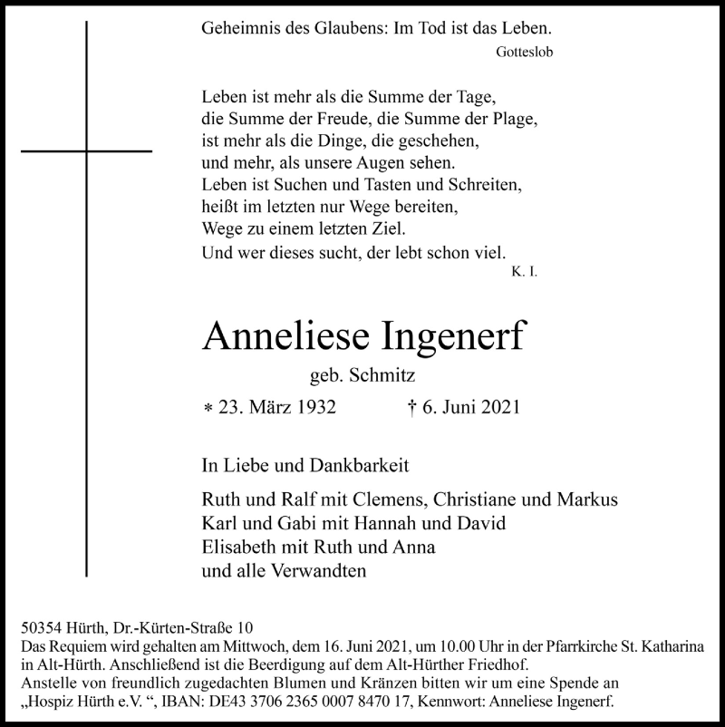  Traueranzeige für Anneliese Ingenerf vom 11.06.2021 aus  Wochenende 