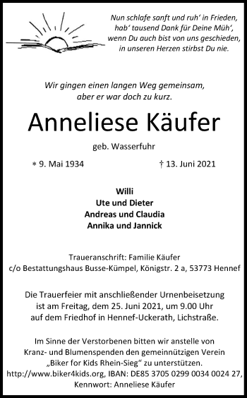 Anzeige von Anneliese Käufer von Kölner Stadt-Anzeiger / Kölnische Rundschau / Express