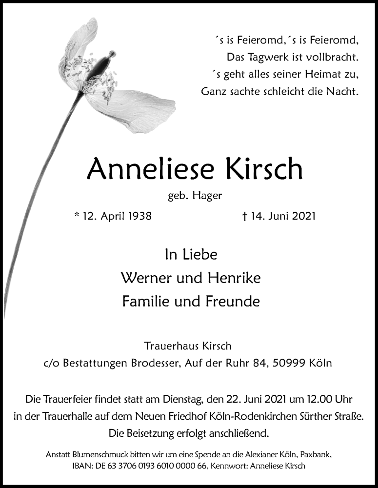  Traueranzeige für Anneliese Kirsch vom 19.06.2021 aus Kölner Stadt-Anzeiger / Kölnische Rundschau / Express