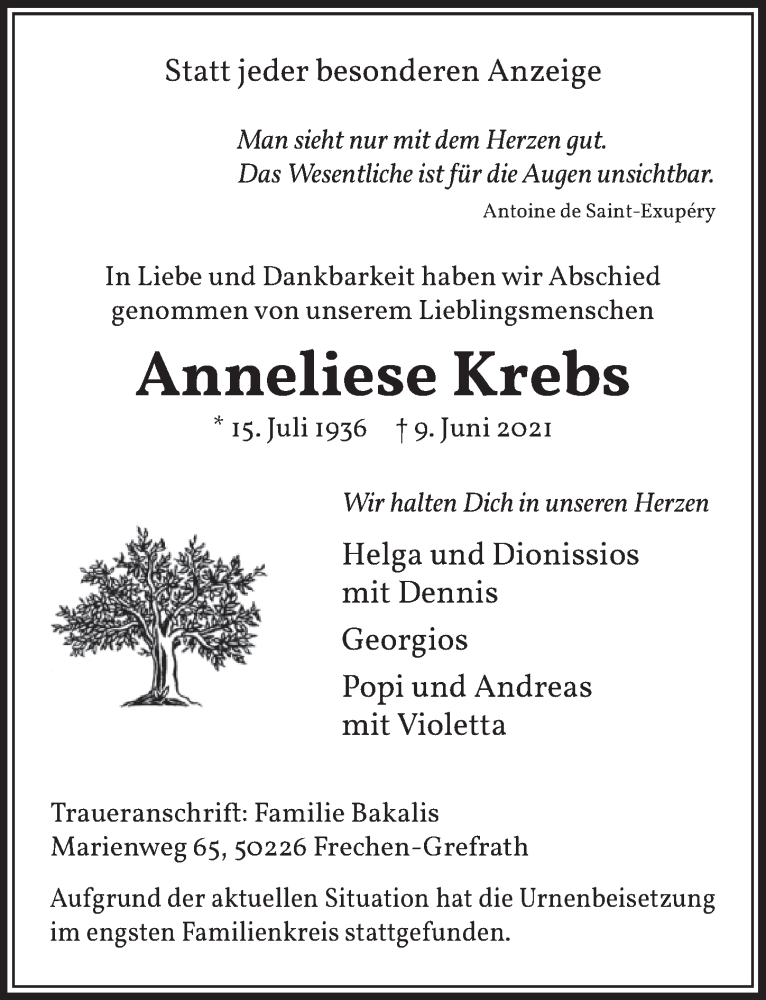 Traueranzeige für Anneliese Krebs vom 18.06.2021 aus  Wochenende 