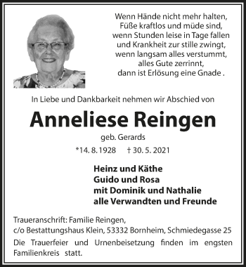 Anzeige von Anneliese Reingen von  Schaufenster/Blickpunkt 