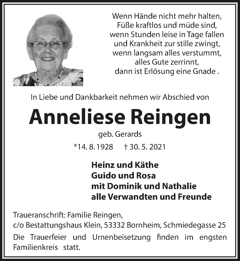  Traueranzeige für Anneliese Reingen vom 04.06.2021 aus  Schaufenster/Blickpunkt 