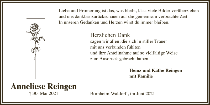  Traueranzeige für Anneliese Reingen vom 18.06.2021 aus  Schaufenster/Blickpunkt 