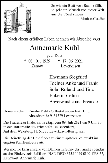 Anzeige von Annemarie Kuhl von Kölner Stadt-Anzeiger / Kölnische Rundschau / Express