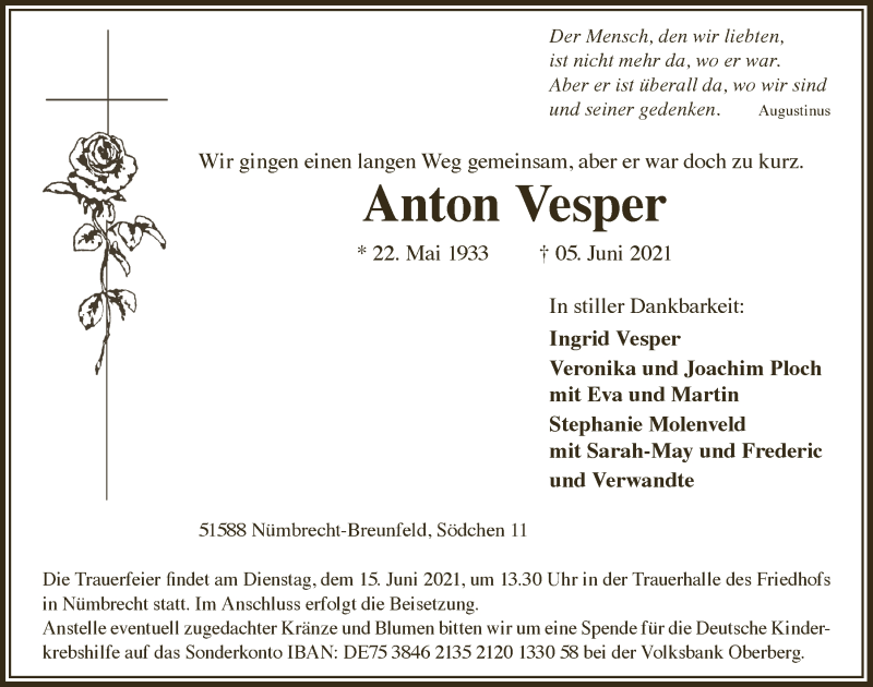  Traueranzeige für Anton Vesper vom 11.06.2021 aus  Lokalanzeiger 