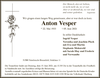 Anzeige von Anton Vesper von  Lokalanzeiger 