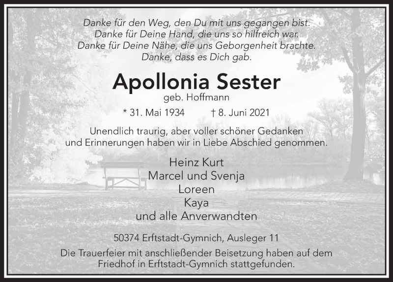  Traueranzeige für Apollonia Sester vom 18.06.2021 aus  Werbepost 