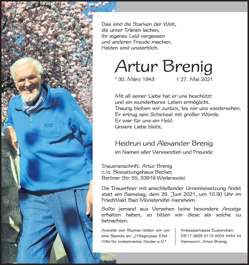  Traueranzeige für Artur Brenig vom 05.06.2021 aus Kölner Stadt-Anzeiger / Kölnische Rundschau / Express