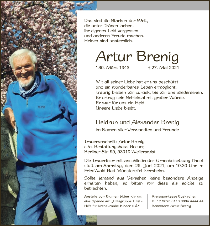  Traueranzeige für Artur Brenig vom 05.06.2021 aus  Blickpunkt Euskirchen 