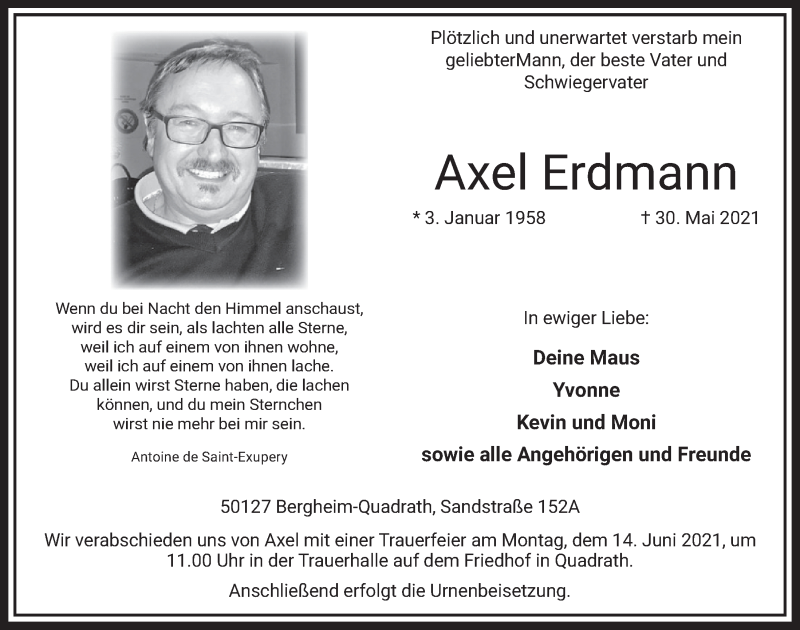 Traueranzeige für Axel Erdmann vom 11.06.2021 aus  Werbepost 