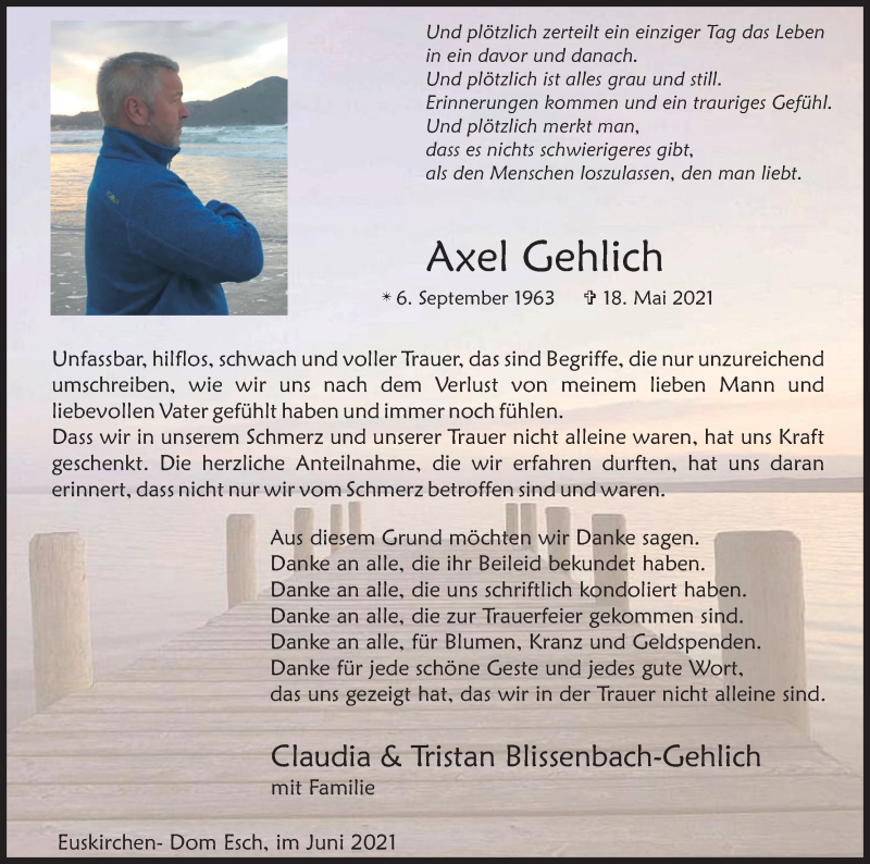  Traueranzeige für Axel Gehlich vom 19.06.2021 aus Kölner Stadt-Anzeiger / Kölnische Rundschau / Express