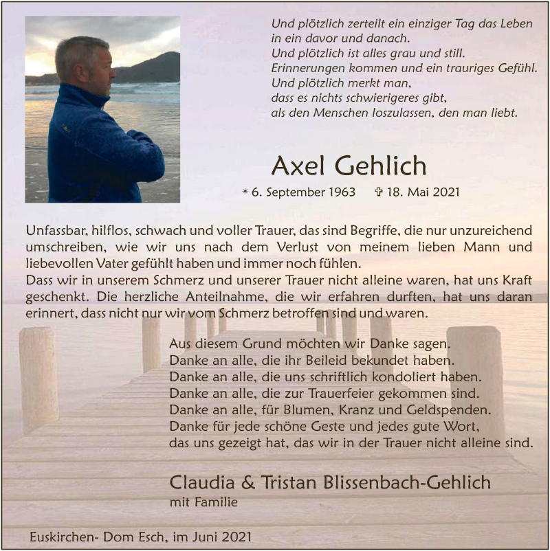  Traueranzeige für Axel Gehlich vom 19.06.2021 aus  Blickpunkt Euskirchen 