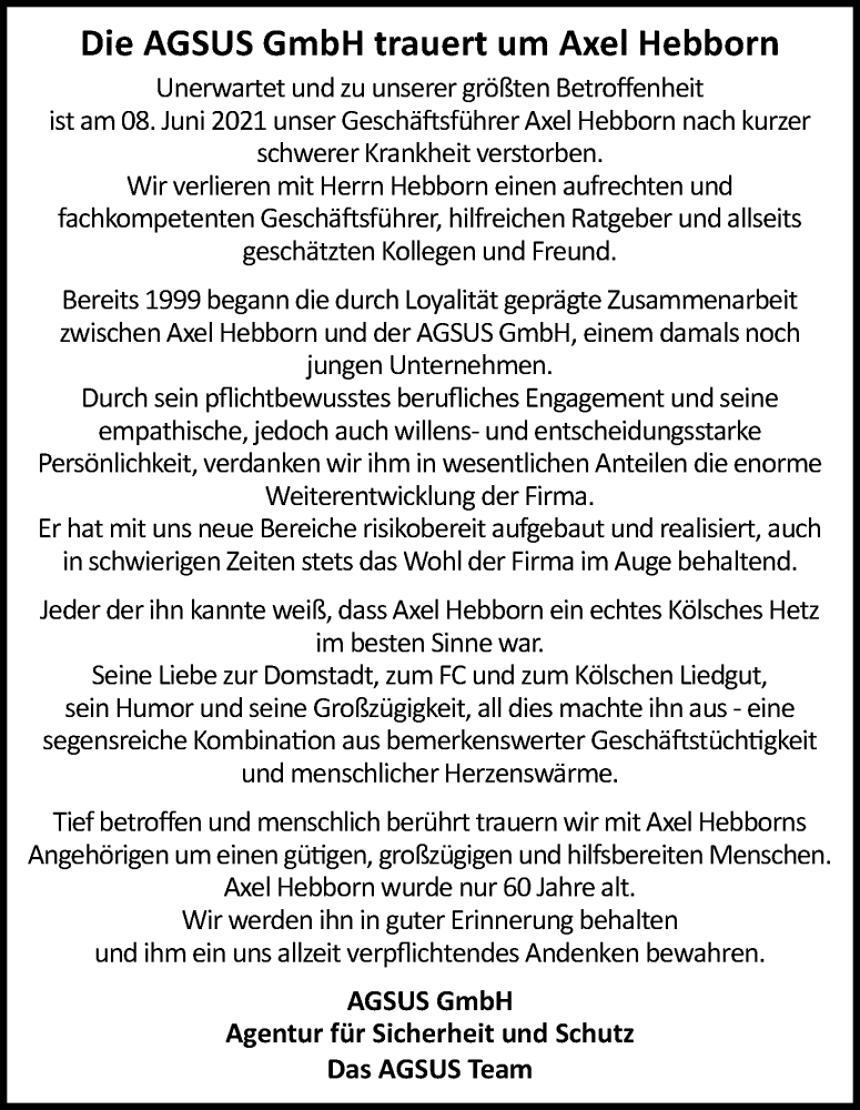 Traueranzeige für Axel Hebborn vom 19.06.2021 aus Kölner Stadt-Anzeiger / Kölnische Rundschau / Express