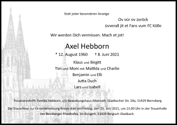 Anzeige von Axel Hebborn von Kölner Stadt-Anzeiger / Kölnische Rundschau / Express