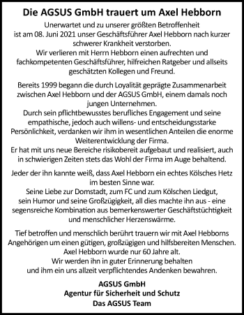Anzeige von Axel Hebborn von Kölner Stadt-Anzeiger / Kölnische Rundschau / Express