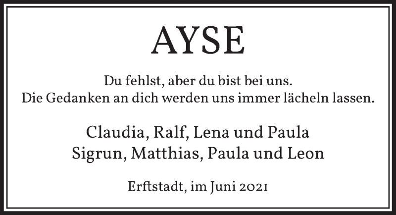  Traueranzeige für Ayse  vom 25.06.2021 aus  Werbepost 