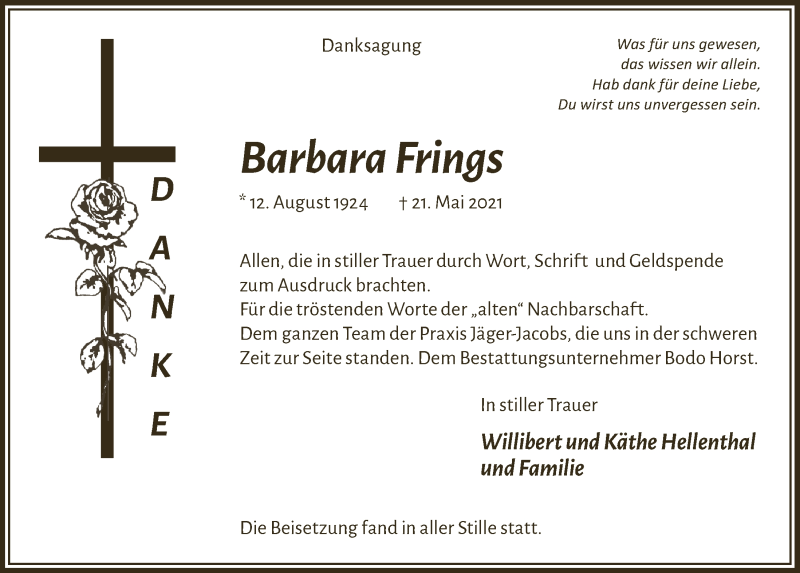  Traueranzeige für Barbara Fries vom 12.06.2021 aus  Blickpunkt Euskirchen 