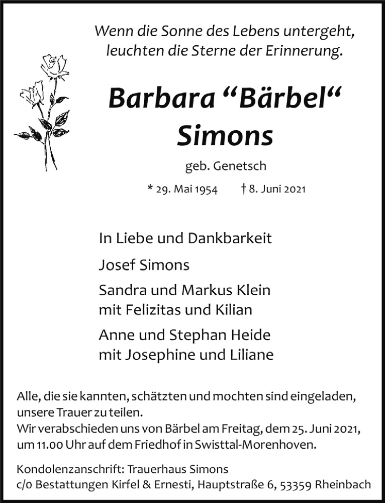  Traueranzeige für Barbara Simons vom 18.06.2021 aus  Schaufenster/Blickpunkt 