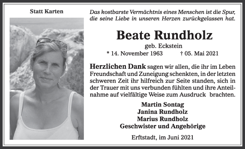  Traueranzeige für Beate Rundholz vom 04.06.2021 aus  Werbepost 